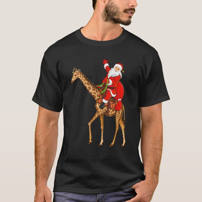 Funny Giraffe Lover Santa Riding Giraffe Christmas T-Shirt (Front)