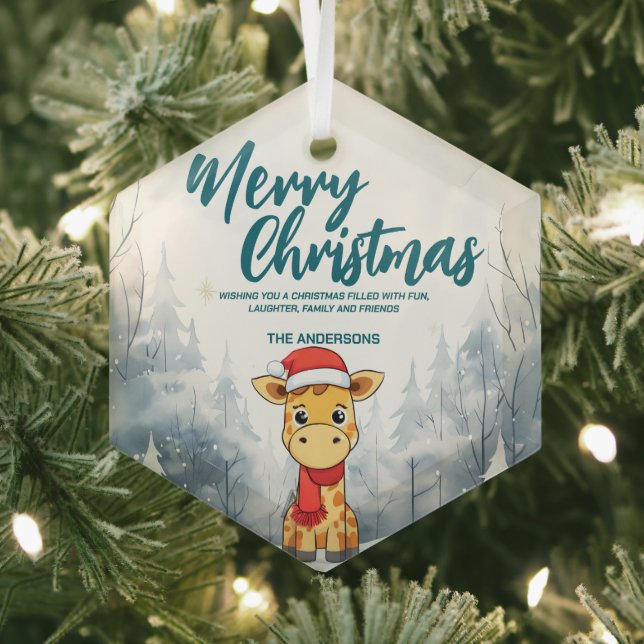 Funny Giraffe Merry Xmas tree snow Holiday party Glass Ornament (Insitu)