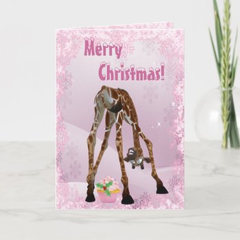 Funny Giraffe & Pink Cupcake Christmas Card by Just_Giraffes at Zazzle