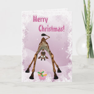 Funny Giraffe & Pink Cupcake Christmas Card