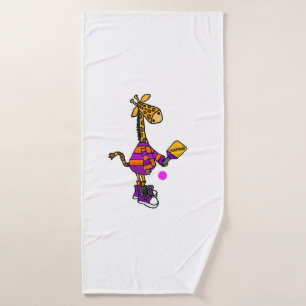 Funny Giraffe Playing Pickleball Bath Towel
