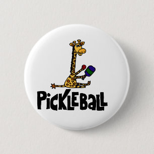 Funny Giraffe Playing Pickleball Cartoon Button
