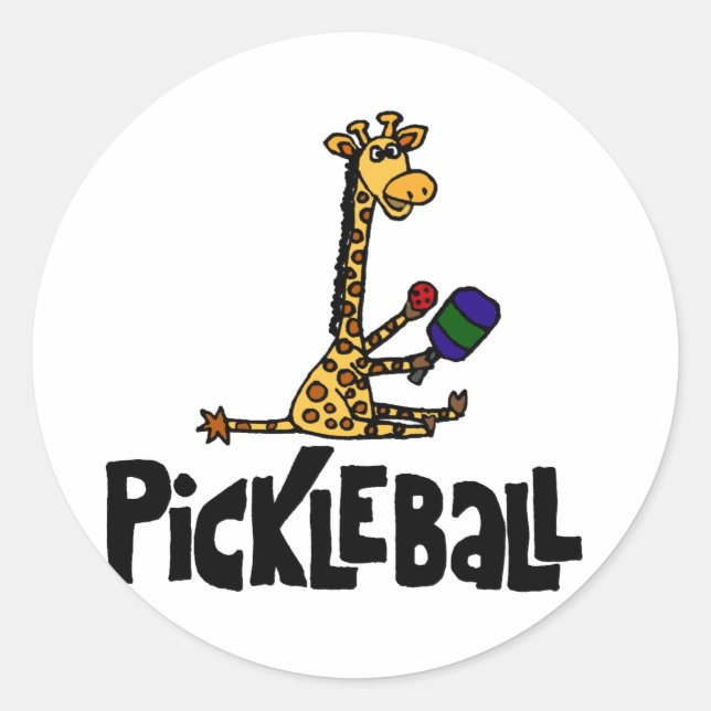 Funny Giraffe Playing Pickleball Cartoon Classic Round Sticker (Front)
