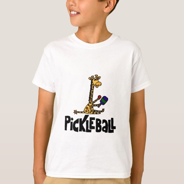 Funny Giraffe Playing Pickleball Cartoon T-Shirt (Front)