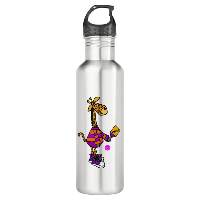 Funny Giraffe Playing Pickleball  Stainless Steel Water Bottle (Front)