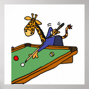Funny Giraffe Playing Pool Cartoon Poster
