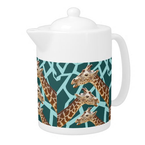 Funny Giraffe Print Teal Blue Wild Animal Patterns Teapot