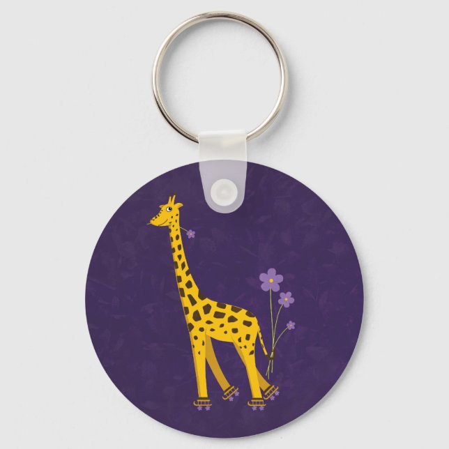 Funny Giraffe Roller Skating Purple Keychain (Front)