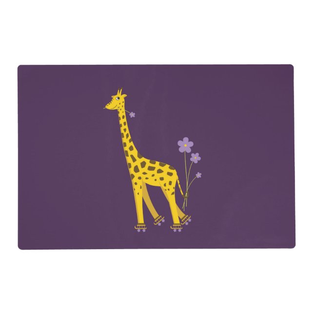 Funny Giraffe Roller Skating Purple Placemat (Back)