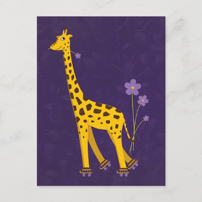 Funny Giraffe Roller Skating Purple Postcard (Front)