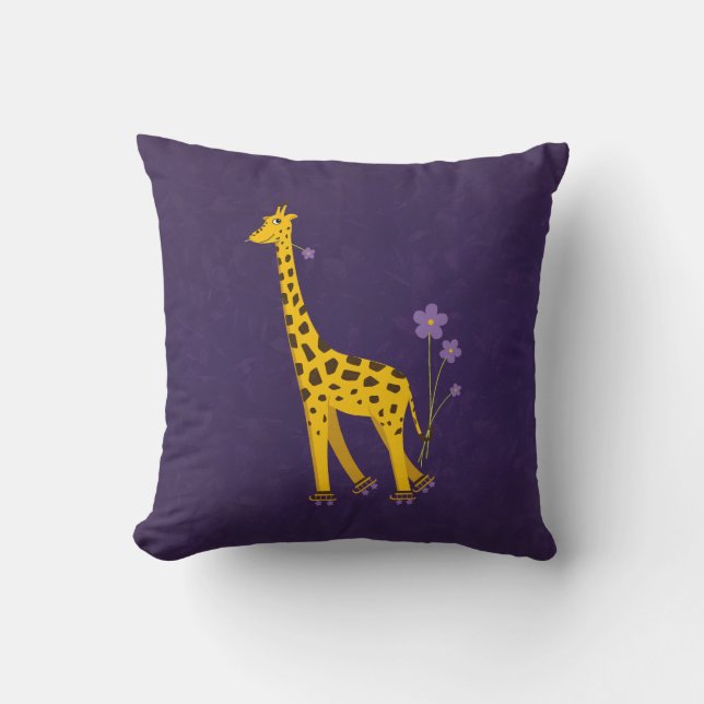 Funny Giraffe Roller Skating Violet Children's Throw Pillow (Front)