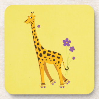 Funny Giraffe Roller Skating Yellow Girly Beverage Coaster
