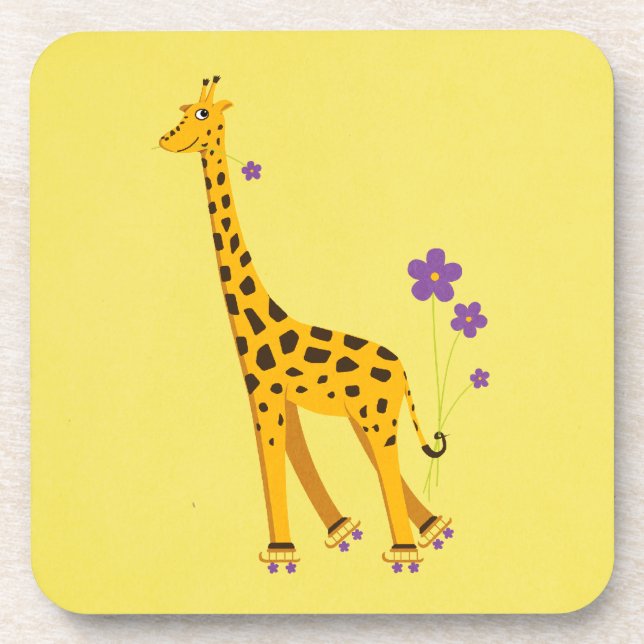 Funny Giraffe Roller Skating Yellow Girly Beverage Coaster (Front)
