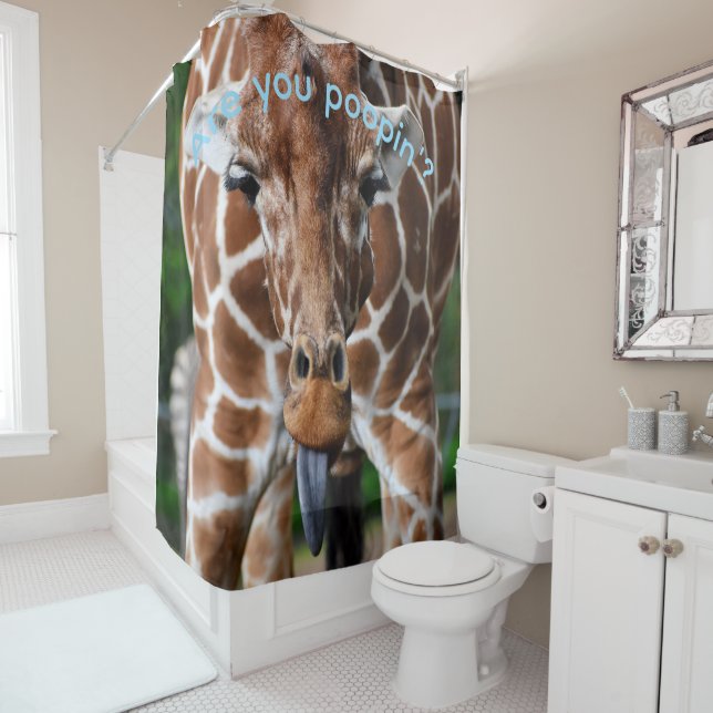 Funny Giraffe Shower Curtain “Are You Poopin’?” –  (In Situ)