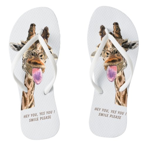 Funny Giraffe Tongue Out and Playful Wink Cartoon Flip Flops