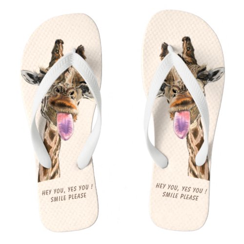 Funny Giraffe Tongue Out and Playful Wink  Flip Flops