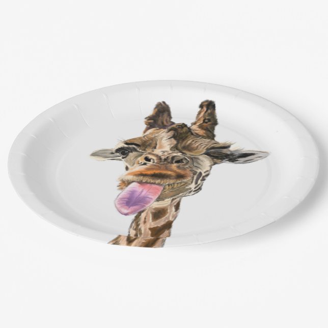 Funny Giraffe Tongue Out and Playful Wink - Fun Paper Plates (Angled)