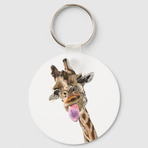 Funny Giraffe Tongue Out and Playful Wink - Hello Keychain