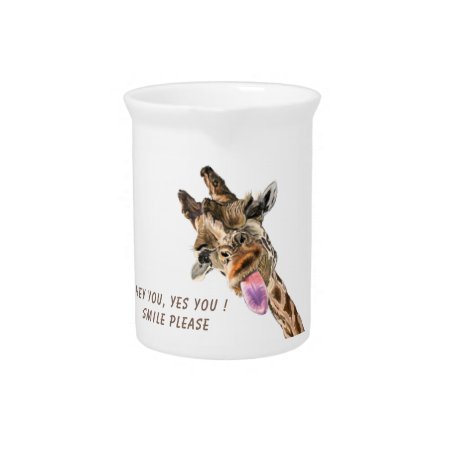 Funny Giraffe Tongue Out And Playful Wink - Smile  Beverage Pitcher