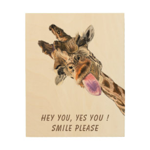 Funny Giraffe Tongue Out and Playful Wink - Smile  Wood Wall Art