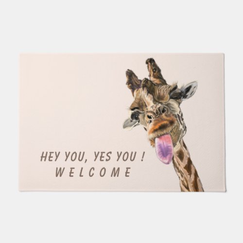 Funny Giraffe Tongue Out and Playful Wink _Welcome Doormat