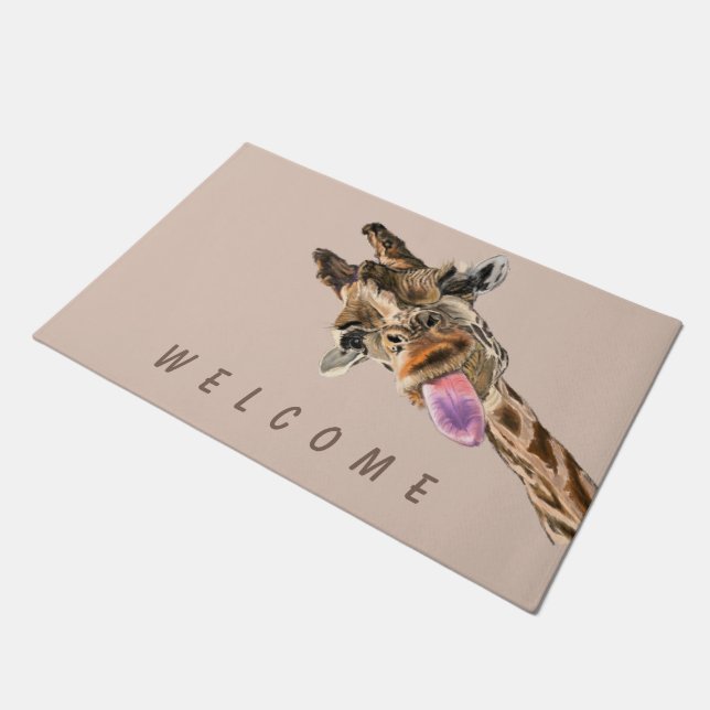 Funny Giraffe Tongue Out and Playful Wink Welcome  Doormat (Angled)