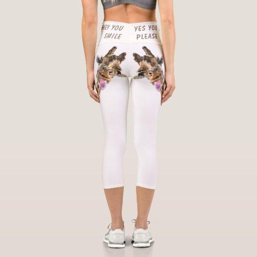 Funny Giraffe Tongue Out Playful Wink _ Add Text Capri Leggings