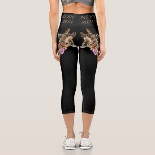 Funny Giraffe Tongue Out Playful Wink _ Add Text  Capri Leggings