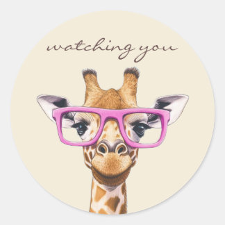 Funny Giraffe Watching You Pink Glasses Classic Round Sticker