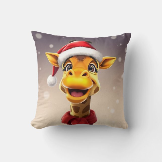 Funny giraffe wearing a Santa hat Throw Pillow (Front)