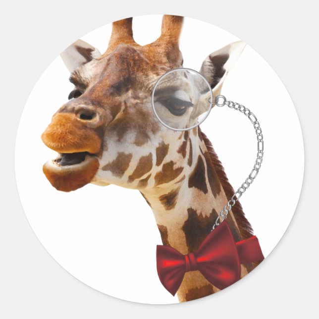Funny Giraffe with Bowtie and Monocle Classic Round Sticker (Front)