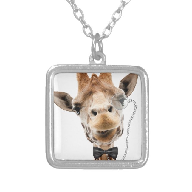 Funny Giraffe with Bowtie and Monocle Silver Plated Necklace (Front)