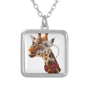 Funny Giraffe with Bowtie and Monocle Silver Plated Necklace