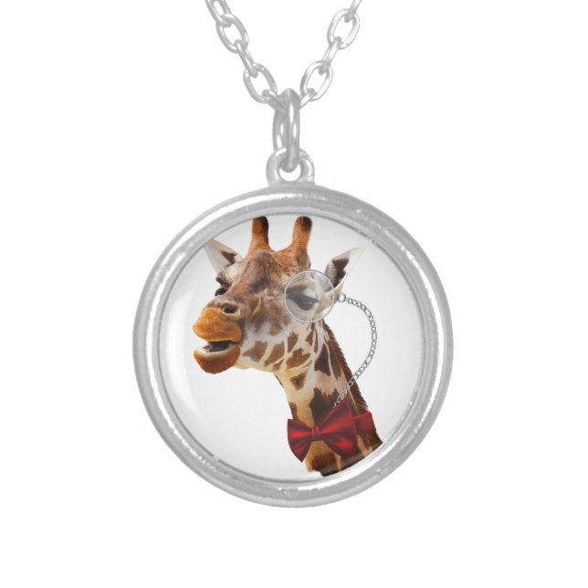 Funny Giraffe with Bowtie and Monocle Silver Plated Necklace (Front)