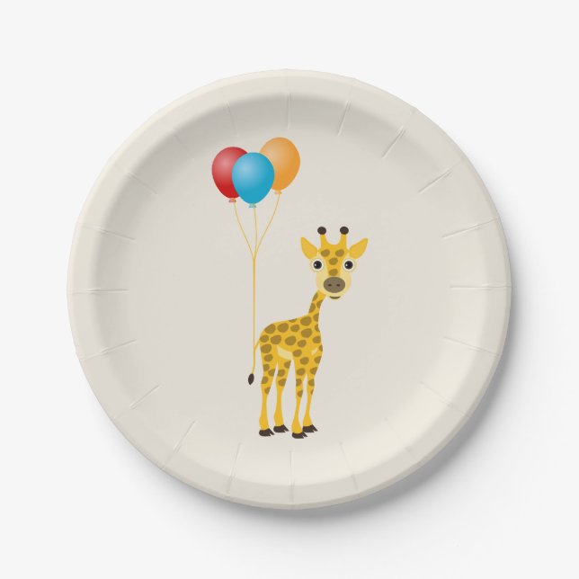 Funny giraffe with colorful balloons paper plates (Front)