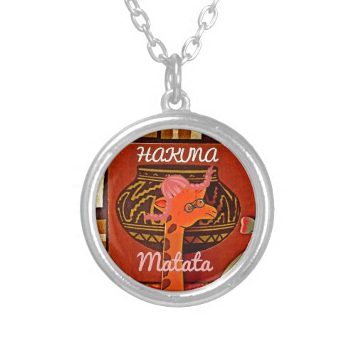 Funny Giraffe with cool text Hakuna Matata Silver Plated Necklace