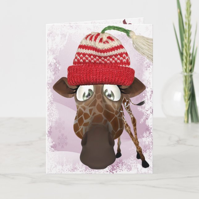 Funny Giraffe with Winter Hat Christmas Card (Front)