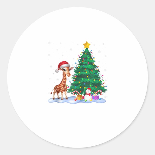Funny Giraffe Xmas Tree Lights Reindeer Hat Christ Classic Round Sticker (Front)