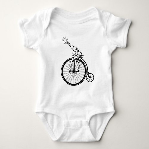 Funny giraffee riding a penny_farthing baby bodysuit