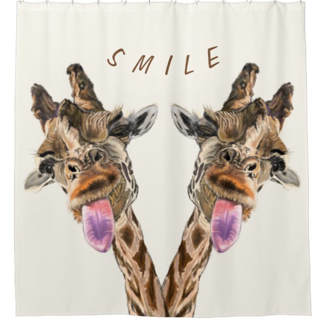 Funny Giraffes Shower Curtain Smile - Custom Text (Front)