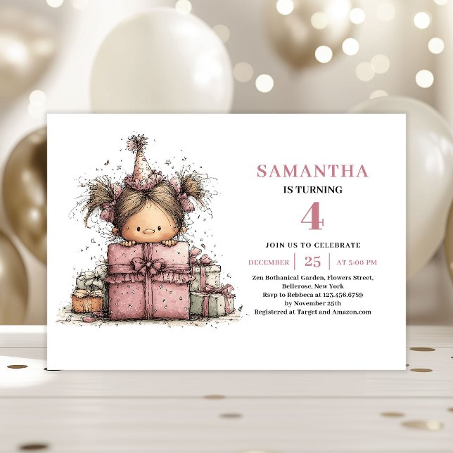 Funny Girl 4th Birthday Invite Pink Printable (Funny Girl 4th Birthday Invite Pink Printable)