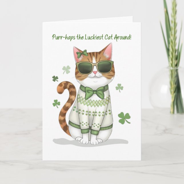 Funny Girl Cat Wearing Sunglasses Bow St Patricks Card (Front)