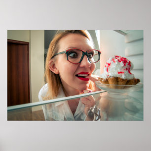 Funny girl looking in refrigerator  poster
