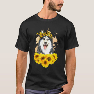 Funny Girls Women Mom Siberian Husky Dog Sunflower T-Shirt