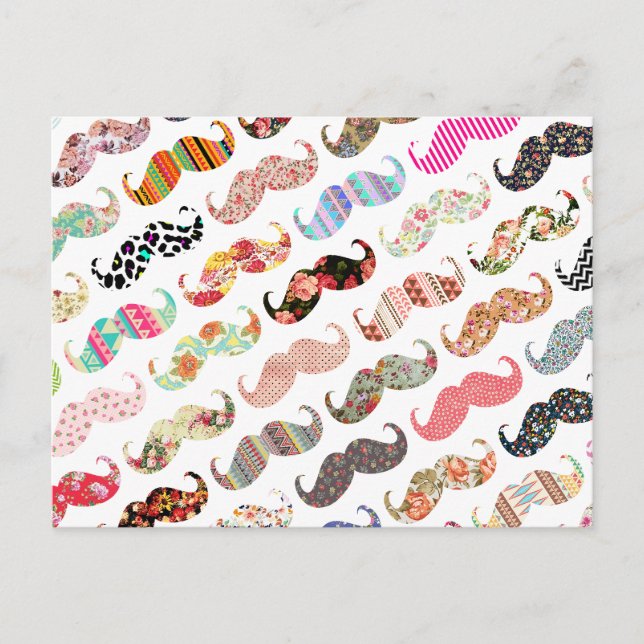 Funny Girly  Colorful Patterns Mustaches Postcard (Front)