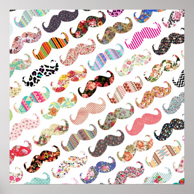 Funny Girly  Colorful Patterns Mustaches Poster (Front)