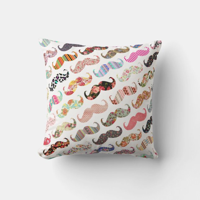 Funny Girly  Colorful Patterns Mustaches Throw Pillow (Front)