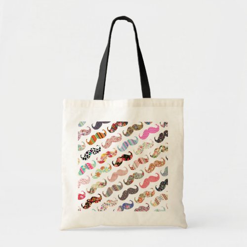 Funny Girly  Colorful Patterns Mustaches Tote Bag