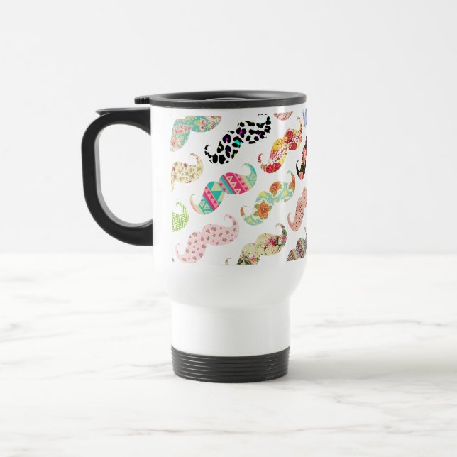 Funny Girly  Colorful Patterns Mustaches Travel Mug (Left)