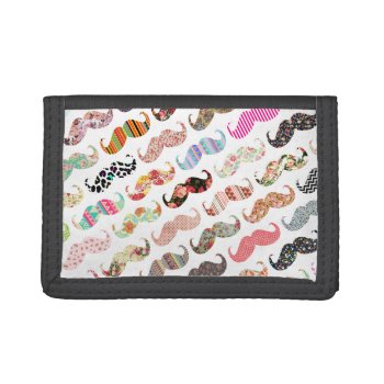 Funny Girly Colorful Patterns Mustaches Trifold Wallet by mustache_designs at Zazzle